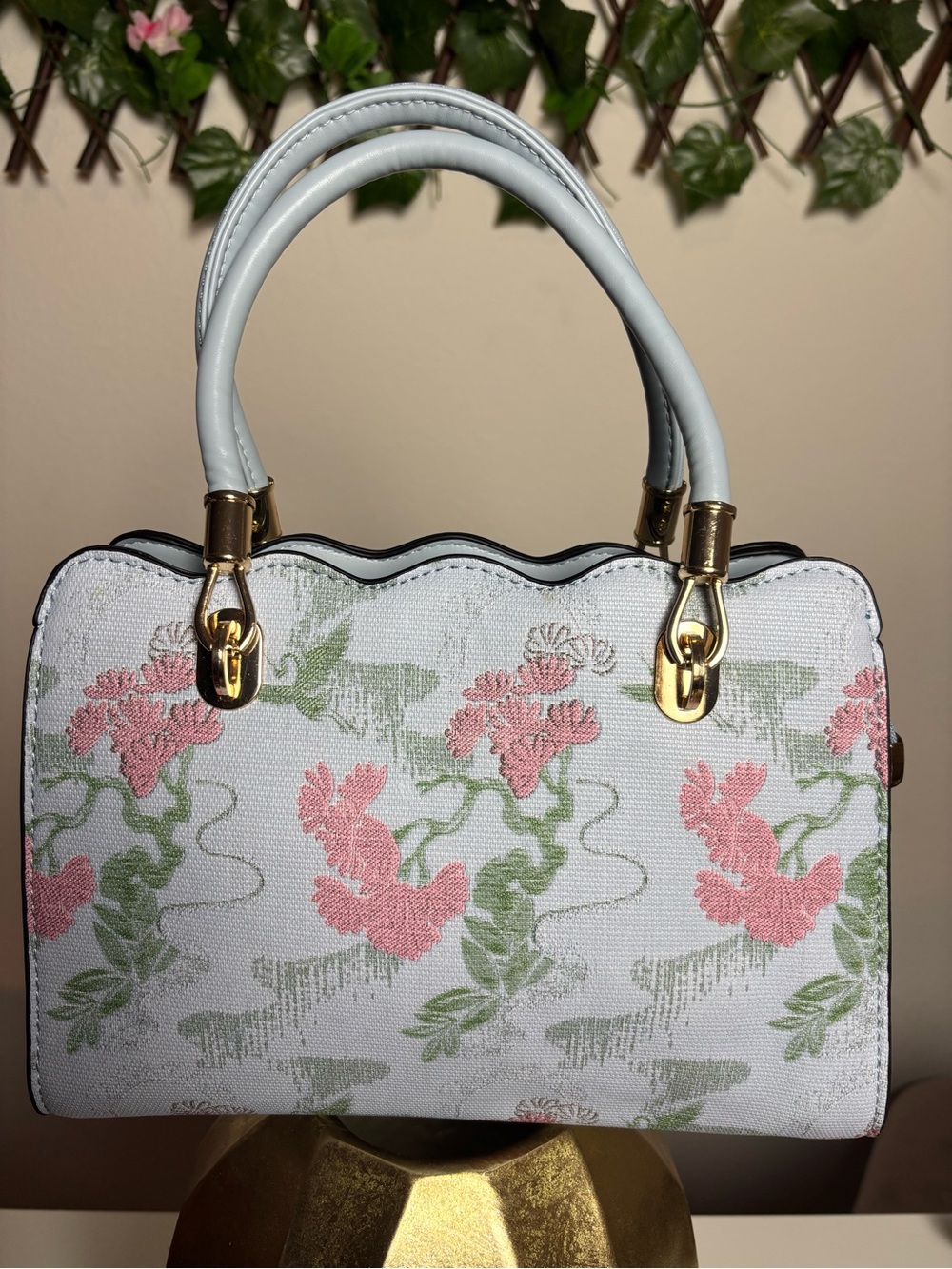 Floral Jacquard Top-Handle Bag in White and Pink